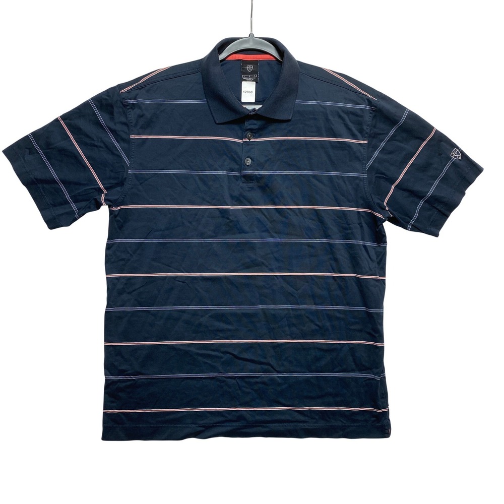 Nike Golf Polo Shirt Mens Large Navy Blue Striped Short Sleeve Cotton Logo